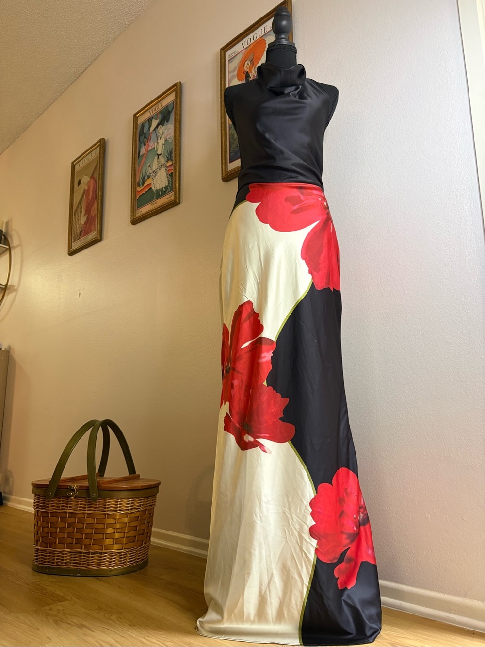 Luxxel Black, White & Red Floral Maxi Skirt
